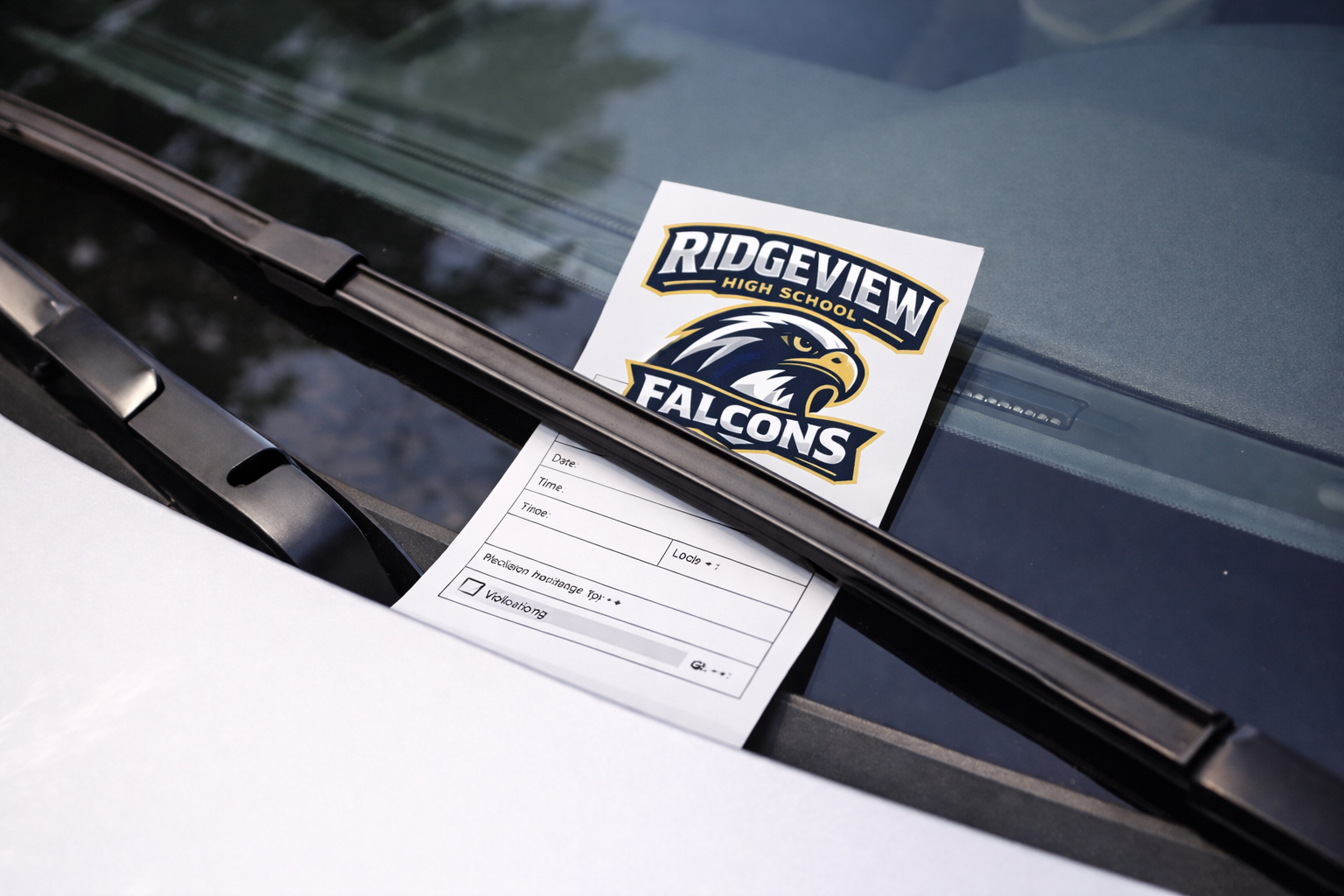 StoneParks ticket on a car windshield at Ridgeview High School