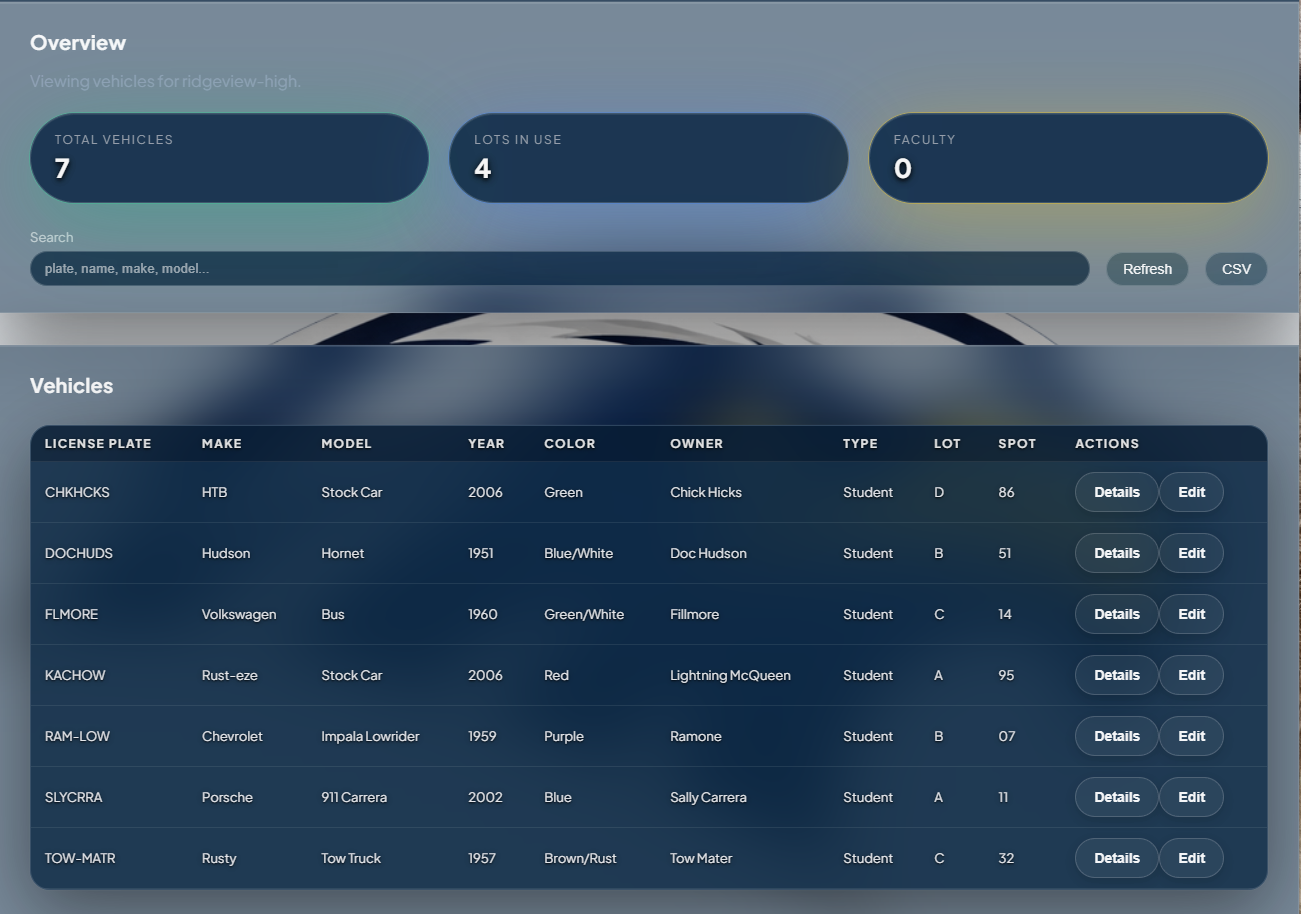 Vehicles dashboard showing registered vehicles with lots and spots